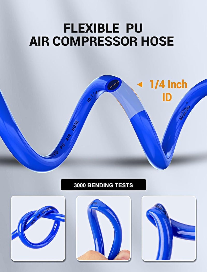 EVOULTES 1/4 In x 28 Ft Polyurethane Recoil Air Compressor Hose, Upgraded Air Hose with Repairable Bend Restrictor, Air Hose kit w/ 360° Swivel 1/4" NPT Coupler & Brass Quick Connect Air Fittings - Image 3